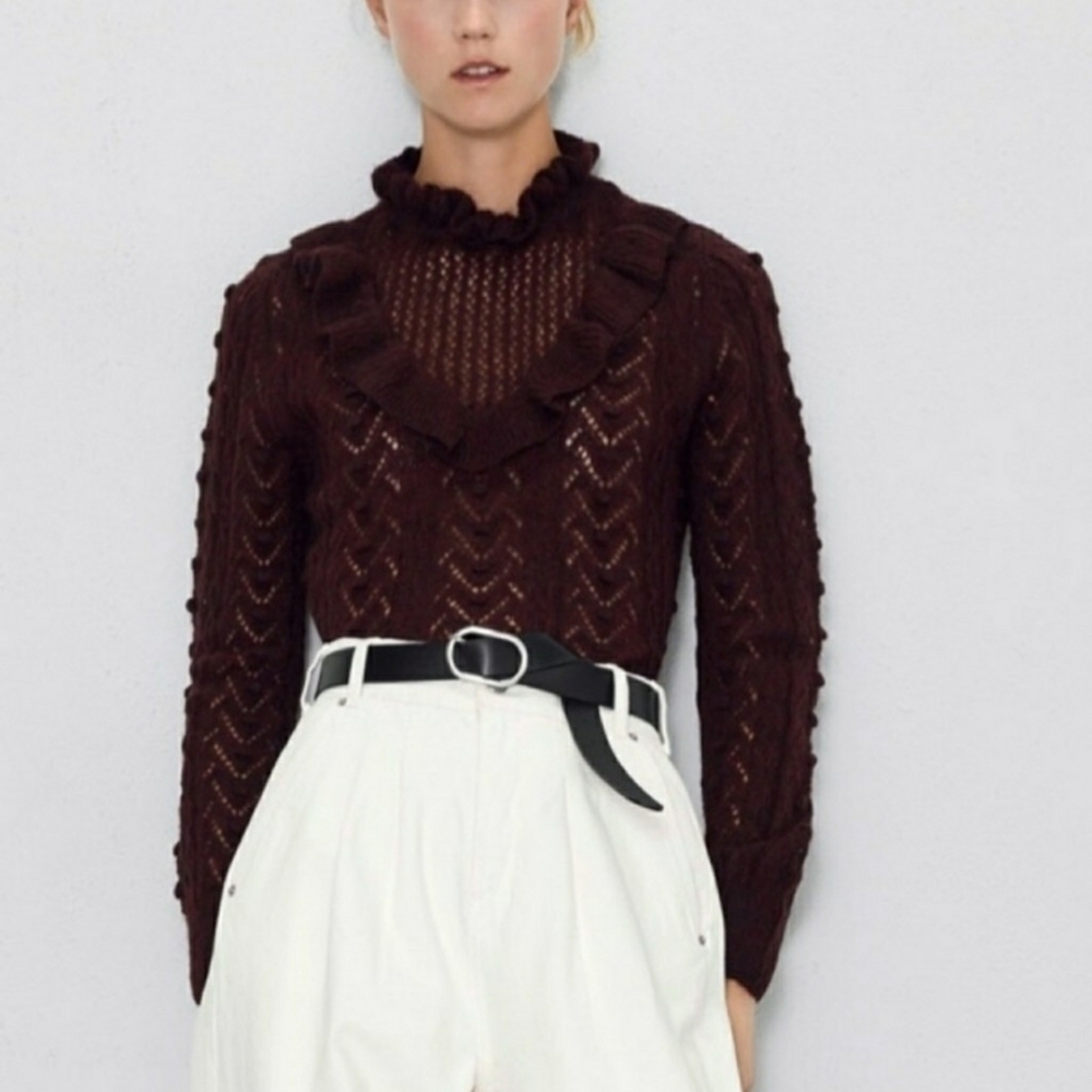 ZARA // burgundy hi-neck ruffle open knit sweater